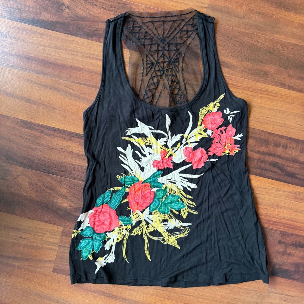Twentyone womens Y2K Black Floral Graphic Tank Top Beaded Mesh Back Small